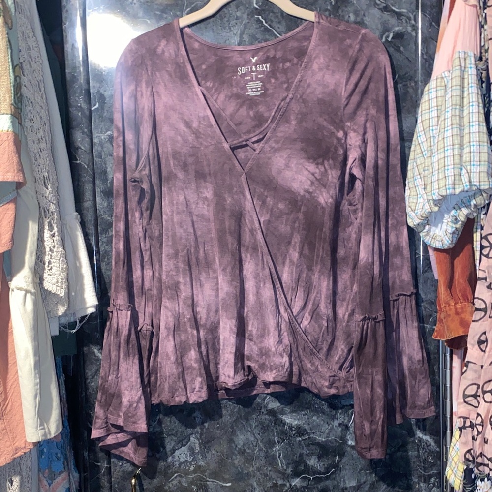 Soft & Sexy by American Eagle,Purple faux wrap, bell sleeve, tie dye top